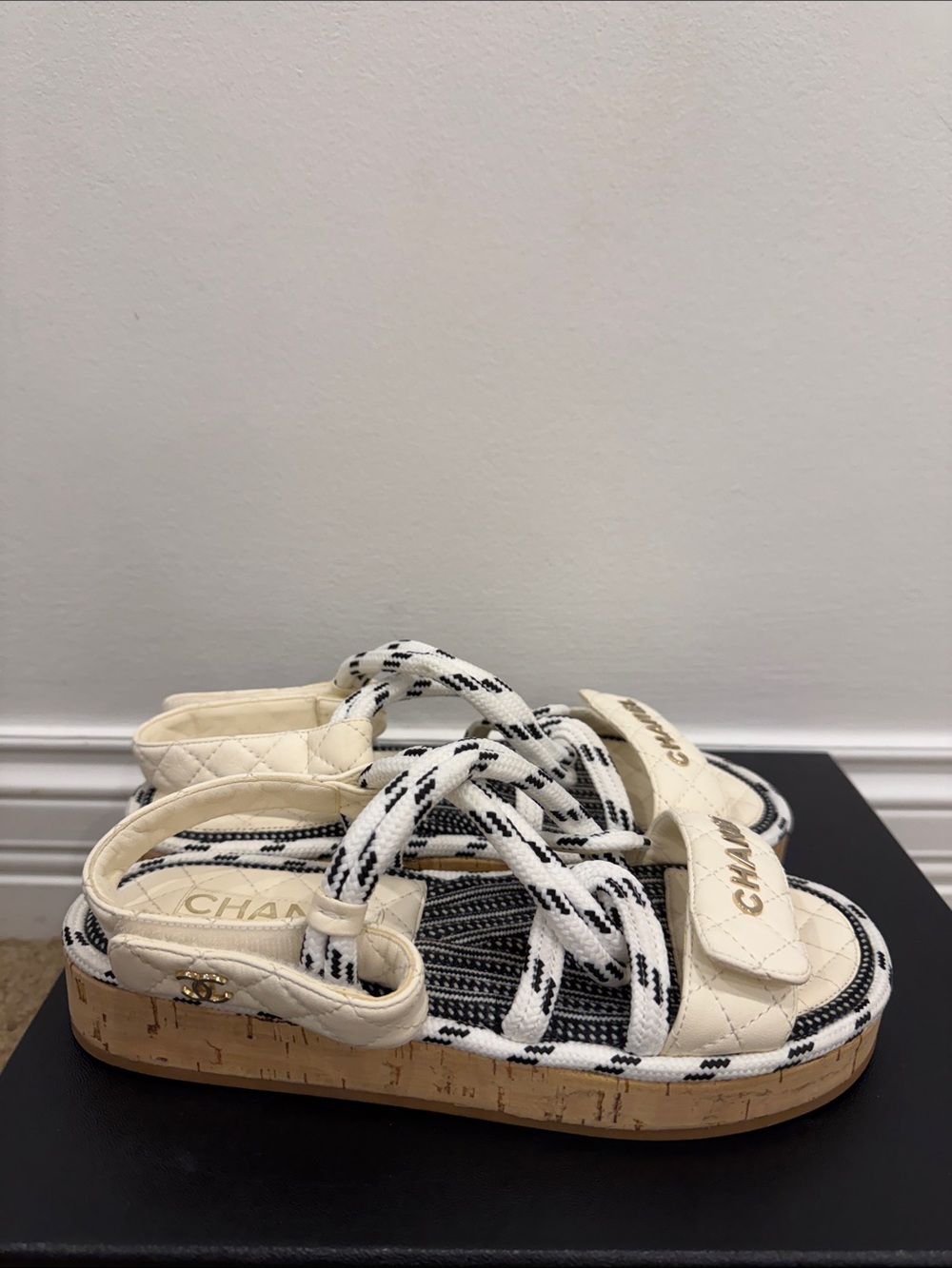 CHANEL Cruise Quilted Rope Sandals White Navy Cork Leather 37 Worn Once Full Set - Picture 8 of 10